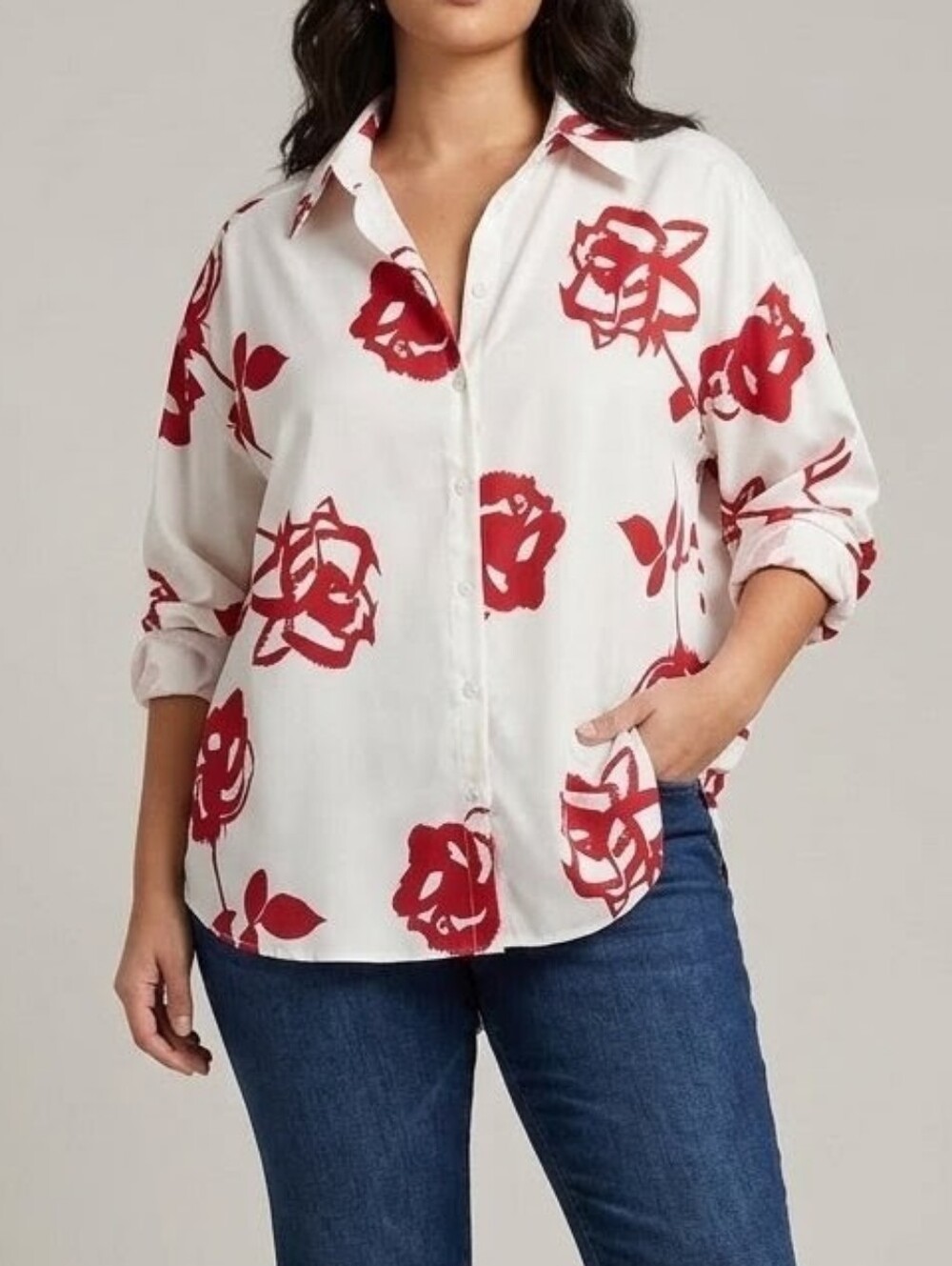 Oversized White Top Red Rose Floral Button-Down Shirt Blouse | Size XXL | NWT